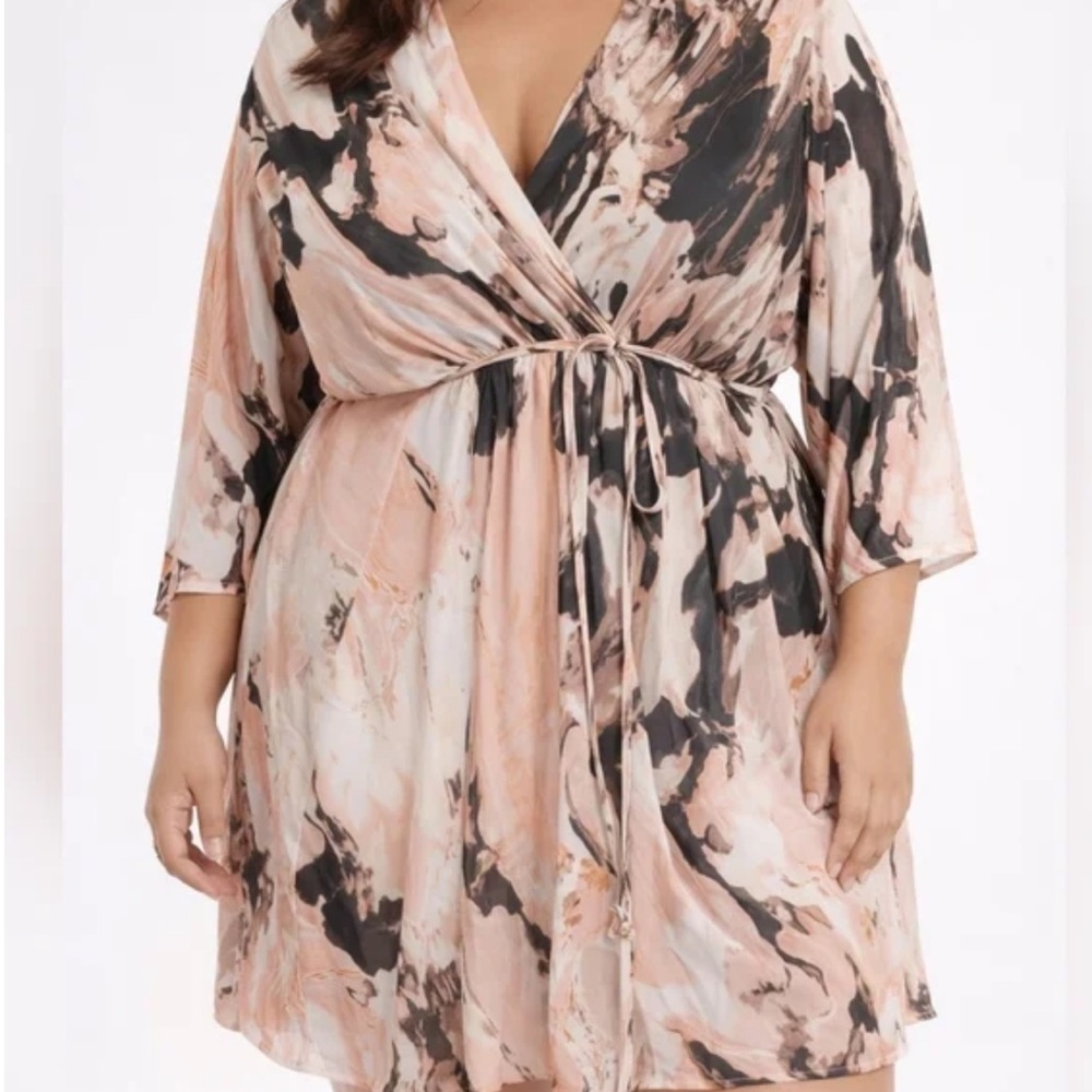 Bar III Marble Print Mini Dress Pink Black V-Neck Tie Waist Size XS